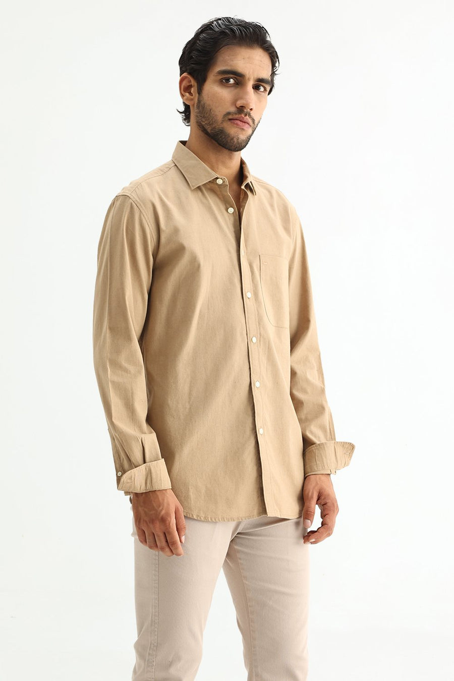 BASICS SLIM FIT BLUE COTTON LINEN SHIRT