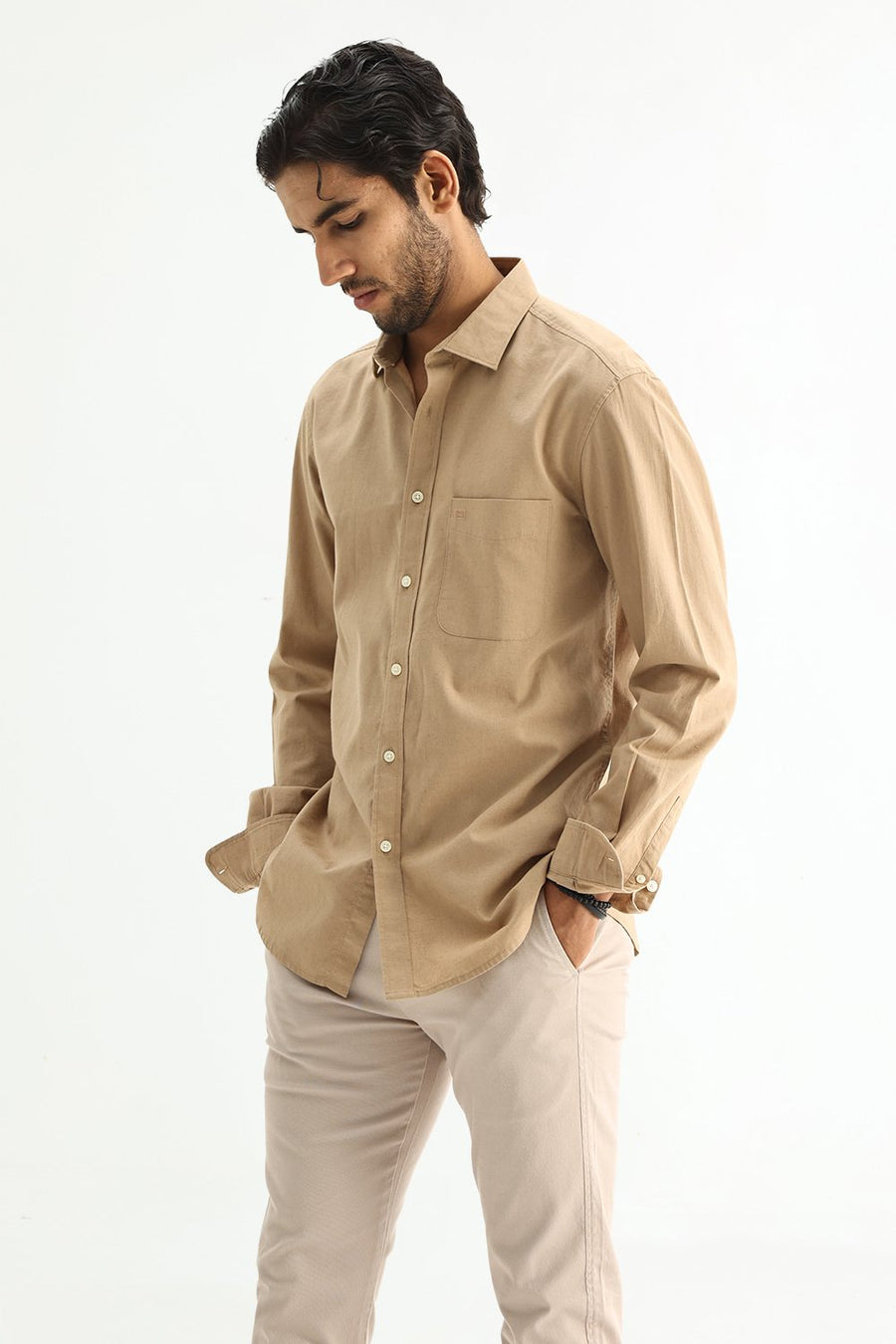 BASICS SLIM FIT BLUE COTTON LINEN SHIRT
