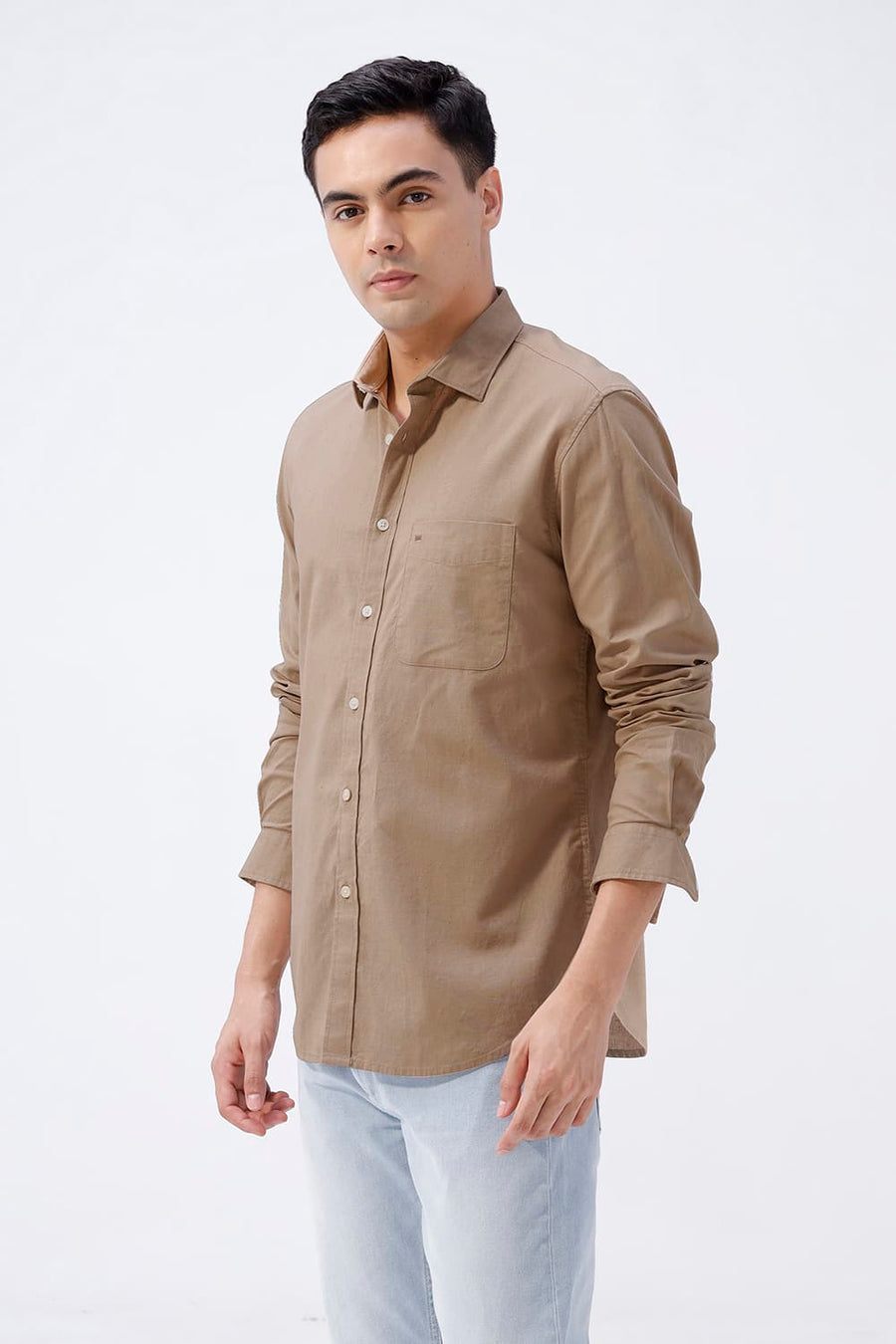 BASICS SLIM FIT BLUE COTTON LINEN SHIRT