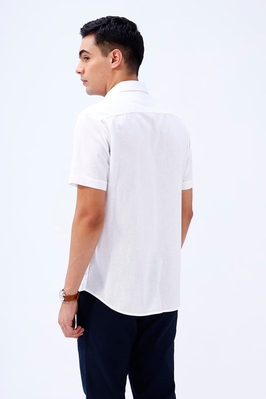 BASICS SLIM FIT BLUE COTTON LINEN HALFSLEEVES SHIRT