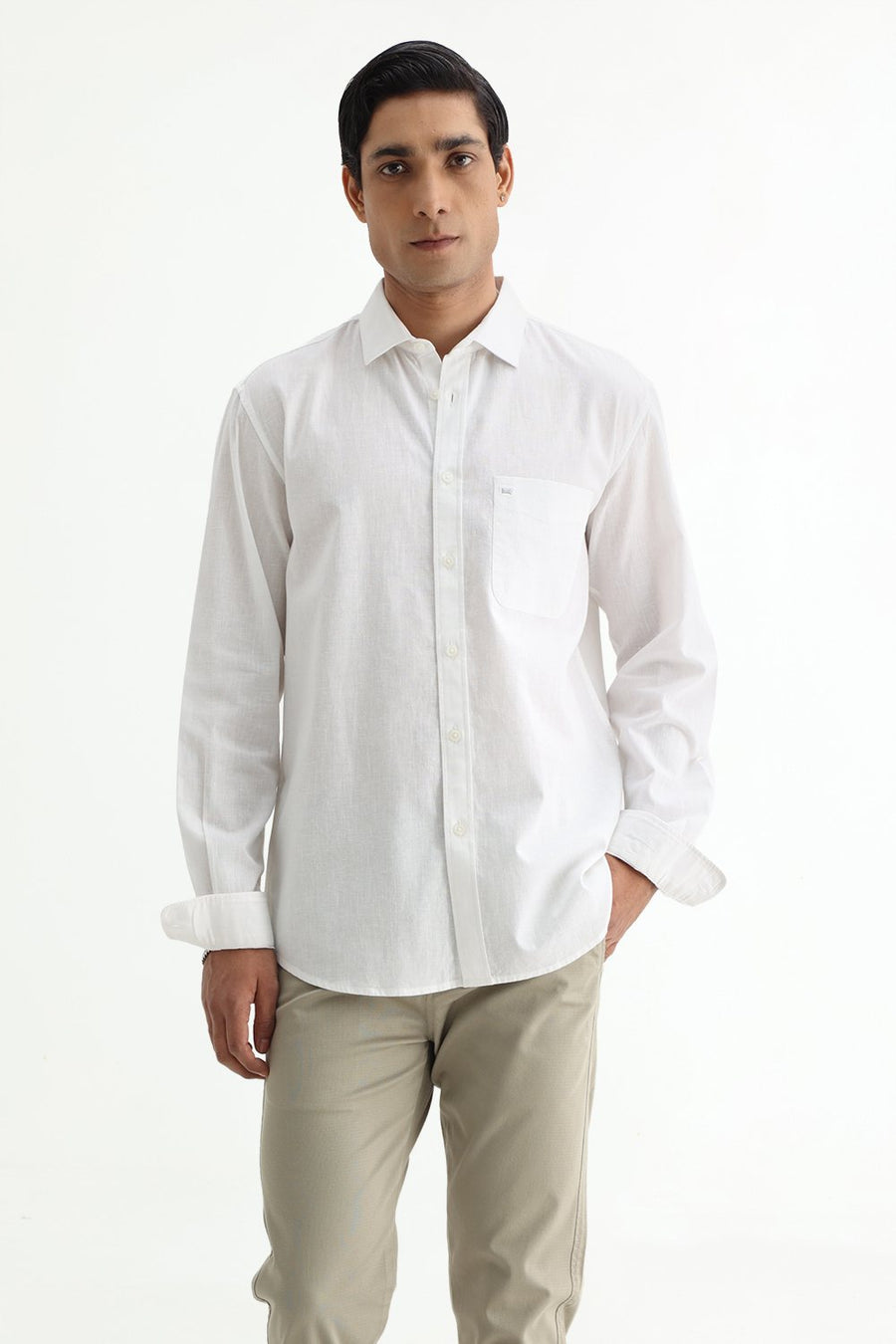 BASICS SLIM FIT BLUE COTTON LINEN SHIRT