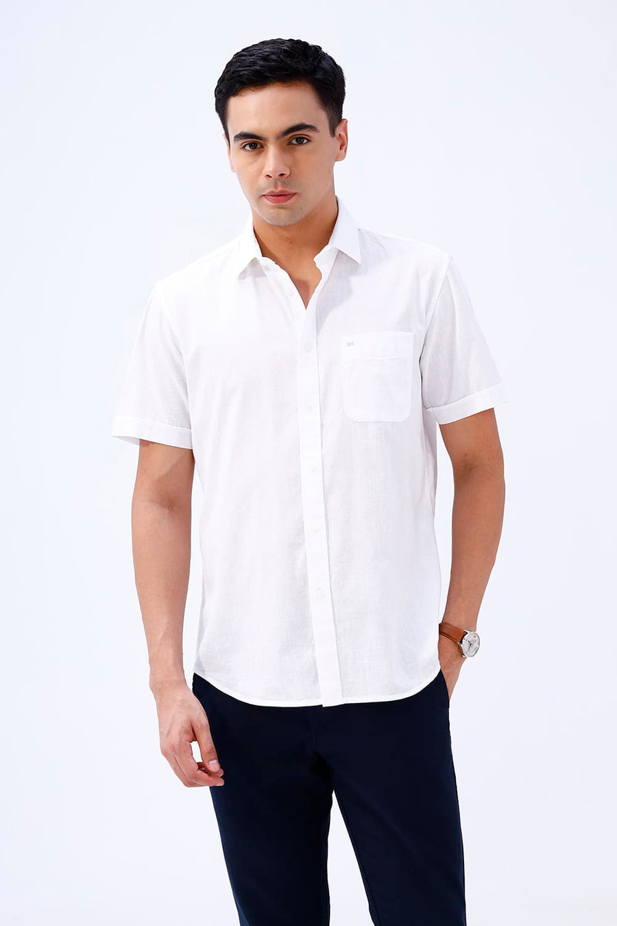 BASICS SLIM FIT BLUE COTTON LINEN HALFSLEEVES SHIRT