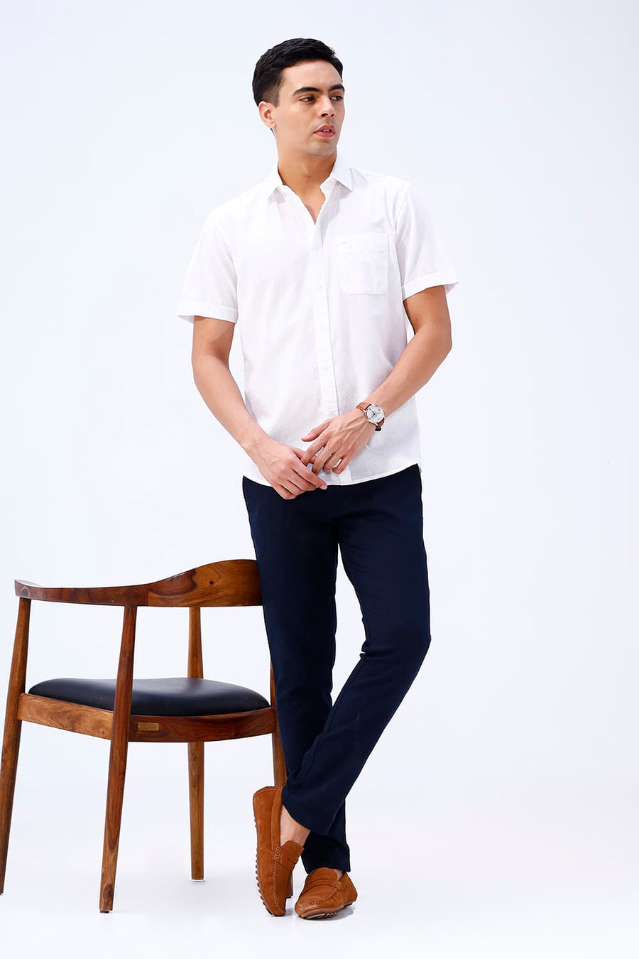 BASICS SLIM FIT BLUE COTTON LINEN HALFSLEEVES SHIRT