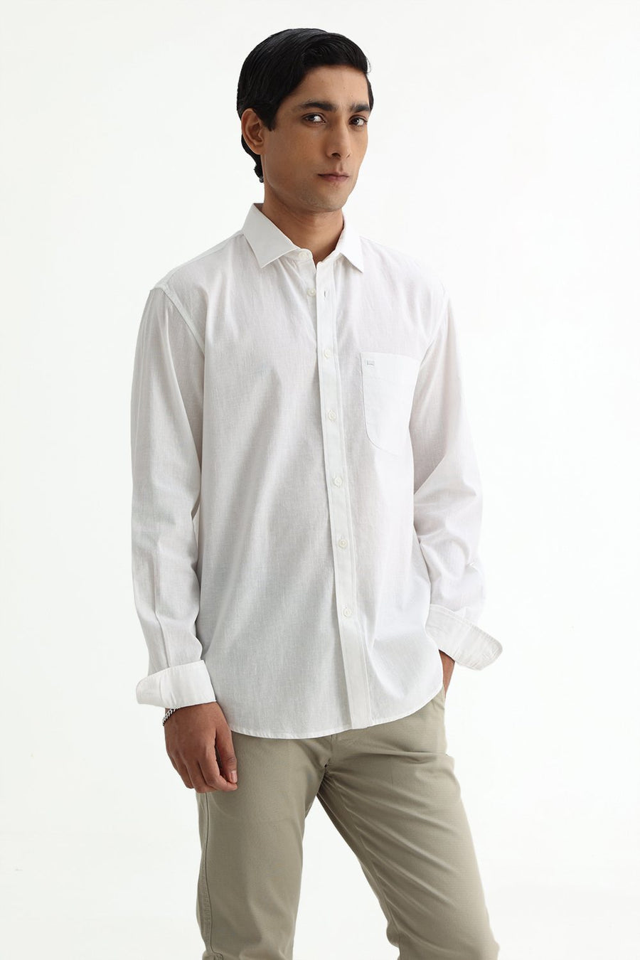 BASICS SLIM FIT BLUE COTTON LINEN SHIRT