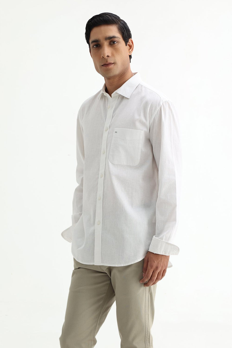 BASICS SLIM FIT BLUE COTTON LINEN SHIRT