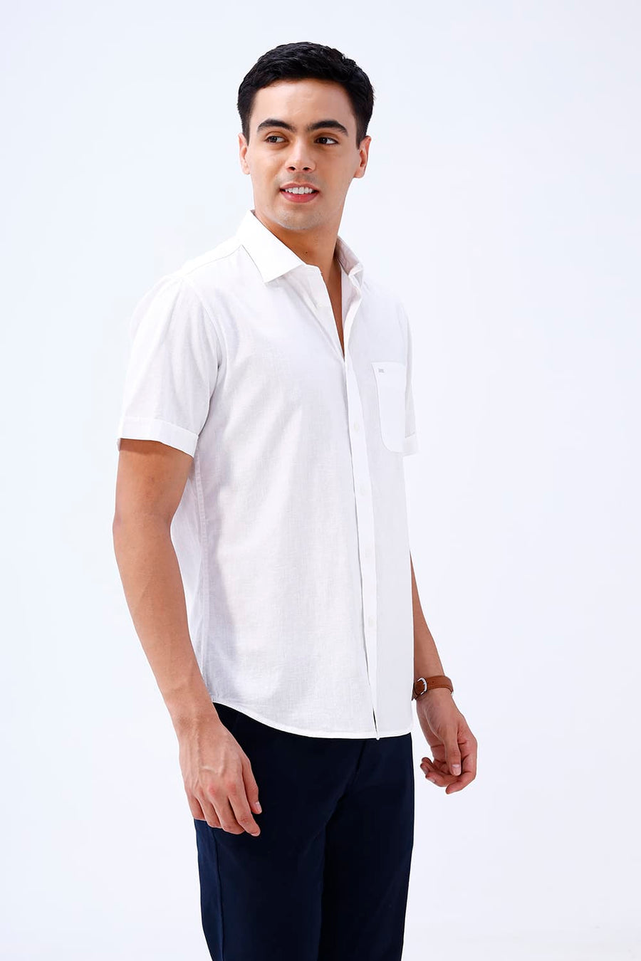 BASICS SLIM FIT BLUE COTTON LINEN HALFSLEEVES SHIRT