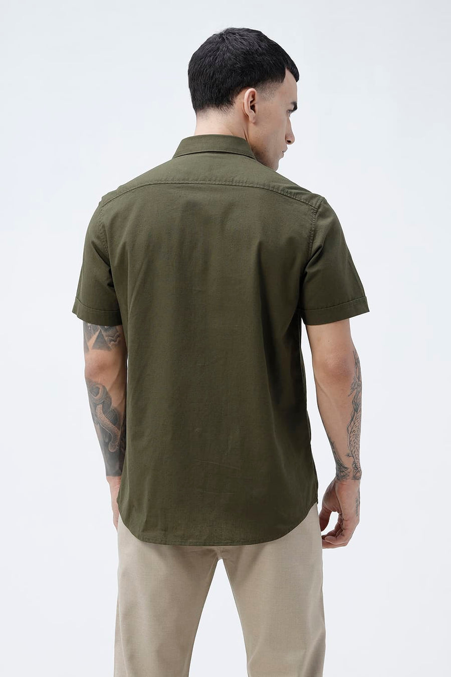 BASICS SLIM FIT BEIGE COTTON LINEN HALFSLEEVES SHIRT