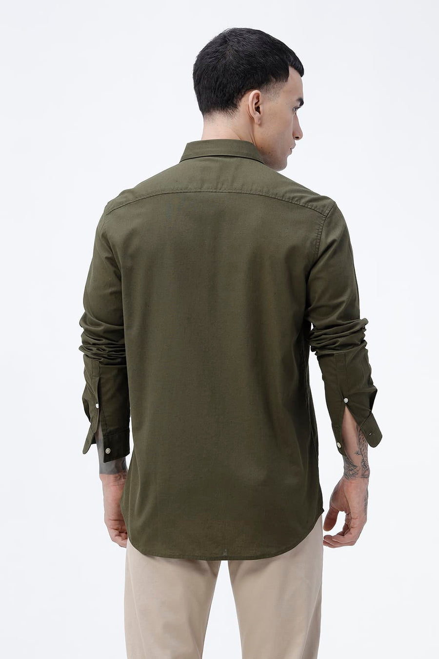 BASICS SLIM FIT BEIGE COTTON LINEN SHIRT