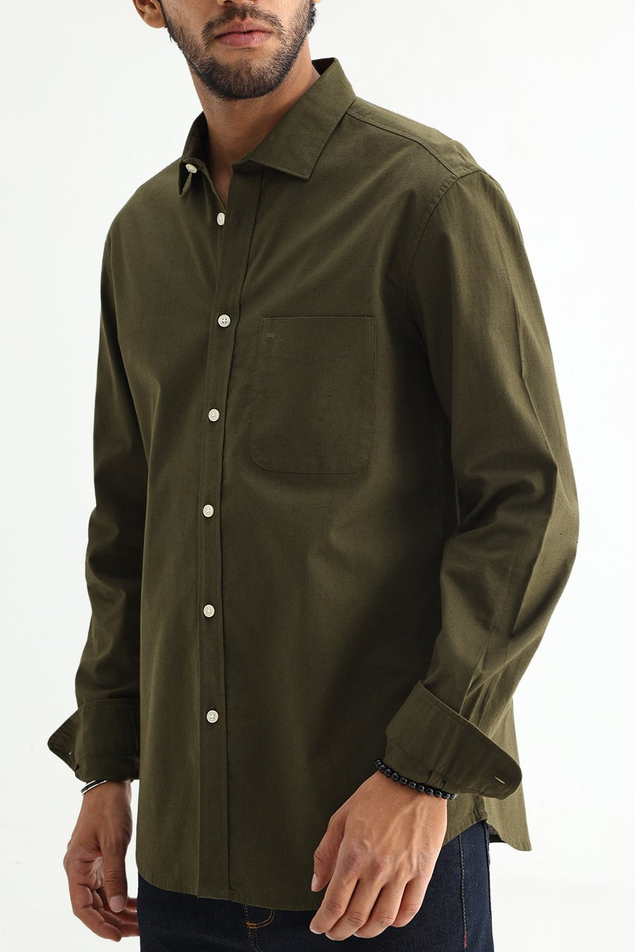 BASICS SLIM FIT BEIGE COTTON LINEN SHIRT