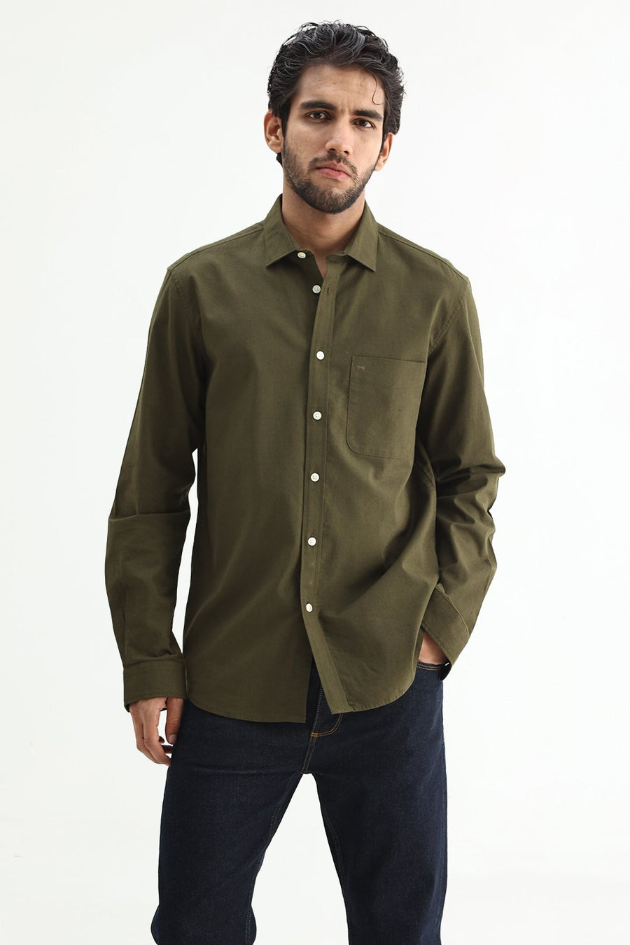 BASICS SLIM FIT BEIGE COTTON LINEN SHIRT