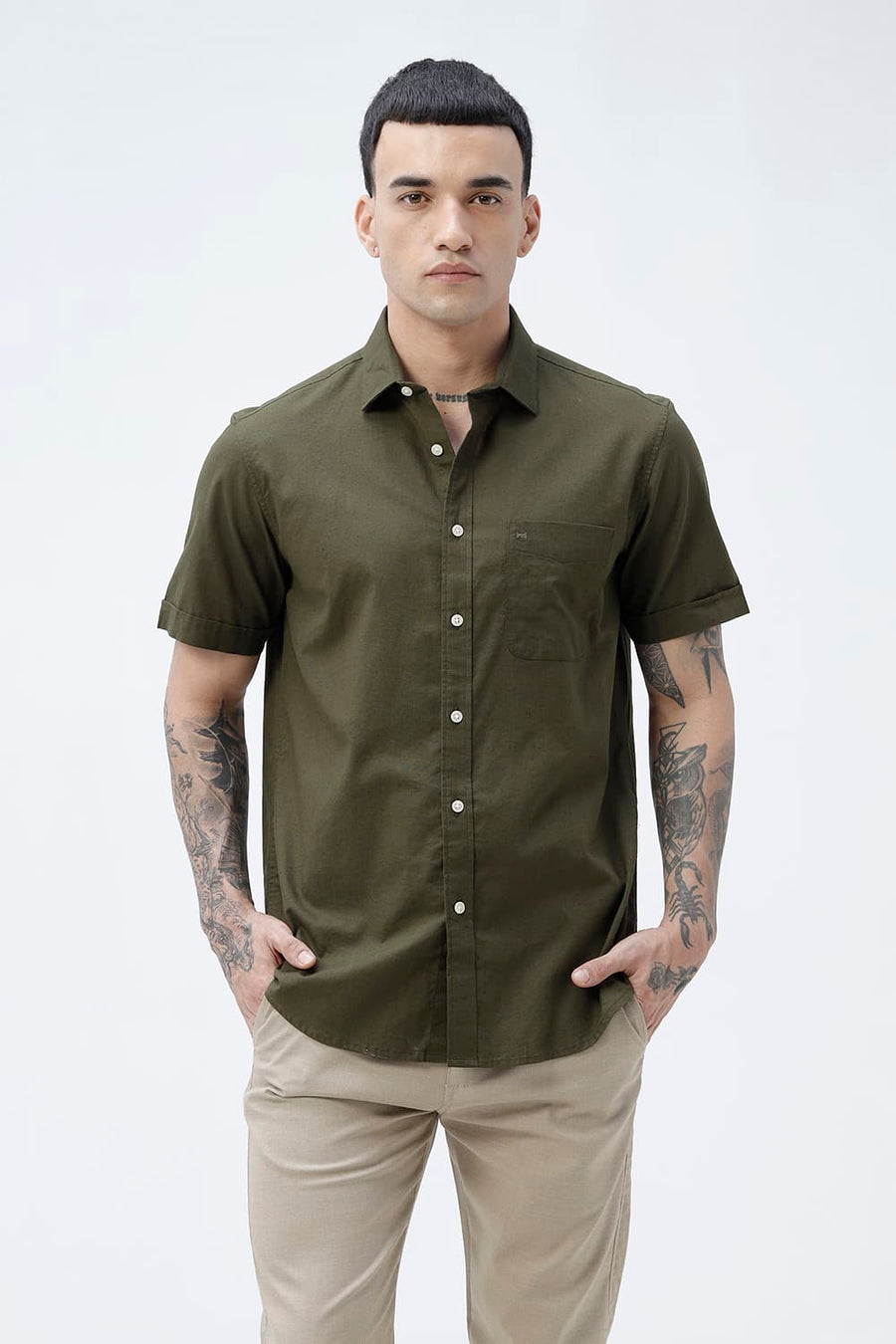 BASICS SLIM FIT BEIGE COTTON LINEN HALFSLEEVES SHIRT