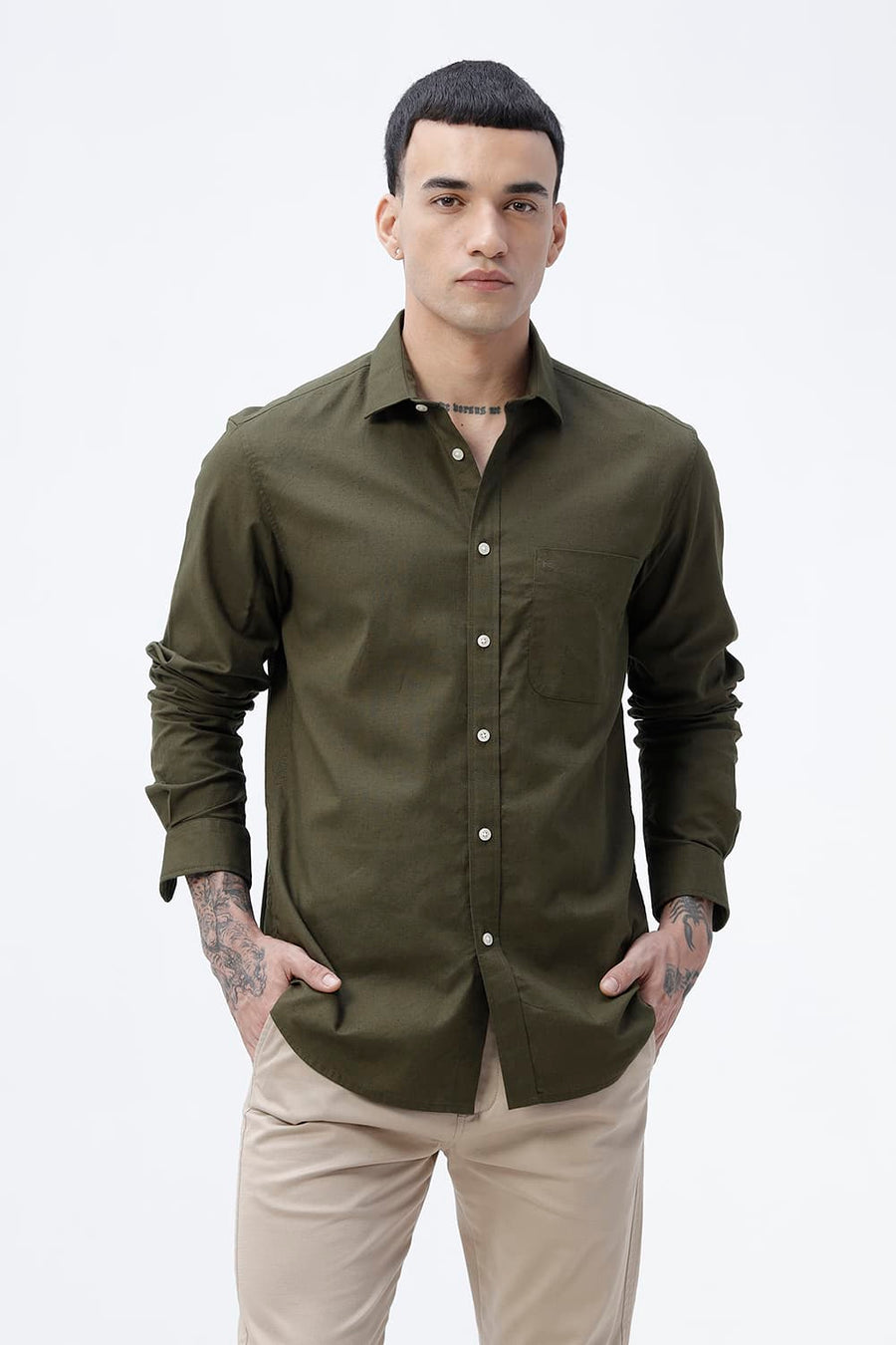 BASICS SLIM FIT BEIGE COTTON LINEN SHIRT