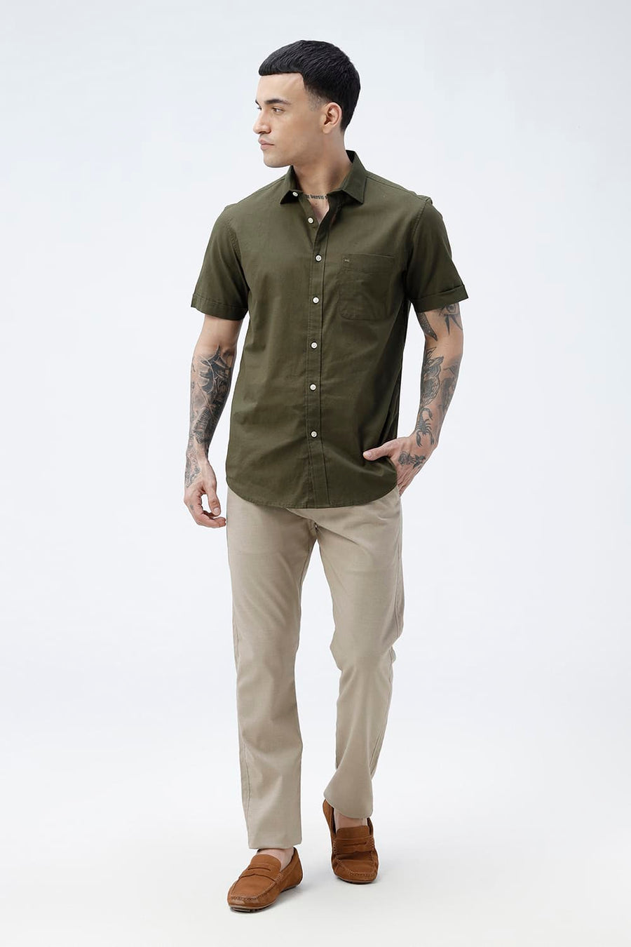 BASICS SLIM FIT BEIGE COTTON LINEN HALFSLEEVES SHIRT