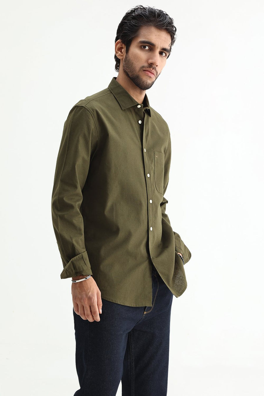 BASICS SLIM FIT BEIGE COTTON LINEN SHIRT