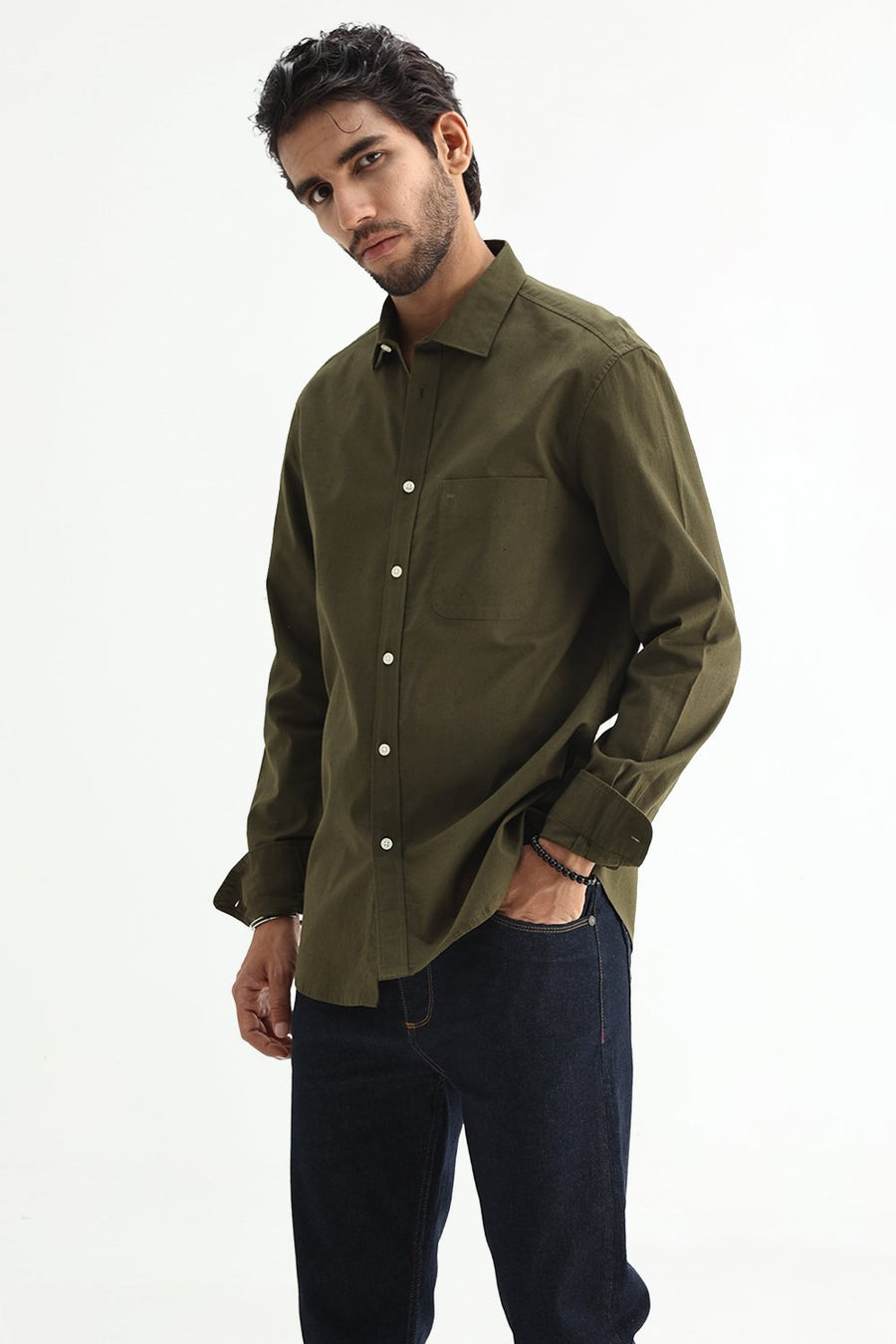 BASICS SLIM FIT BEIGE COTTON LINEN SHIRT