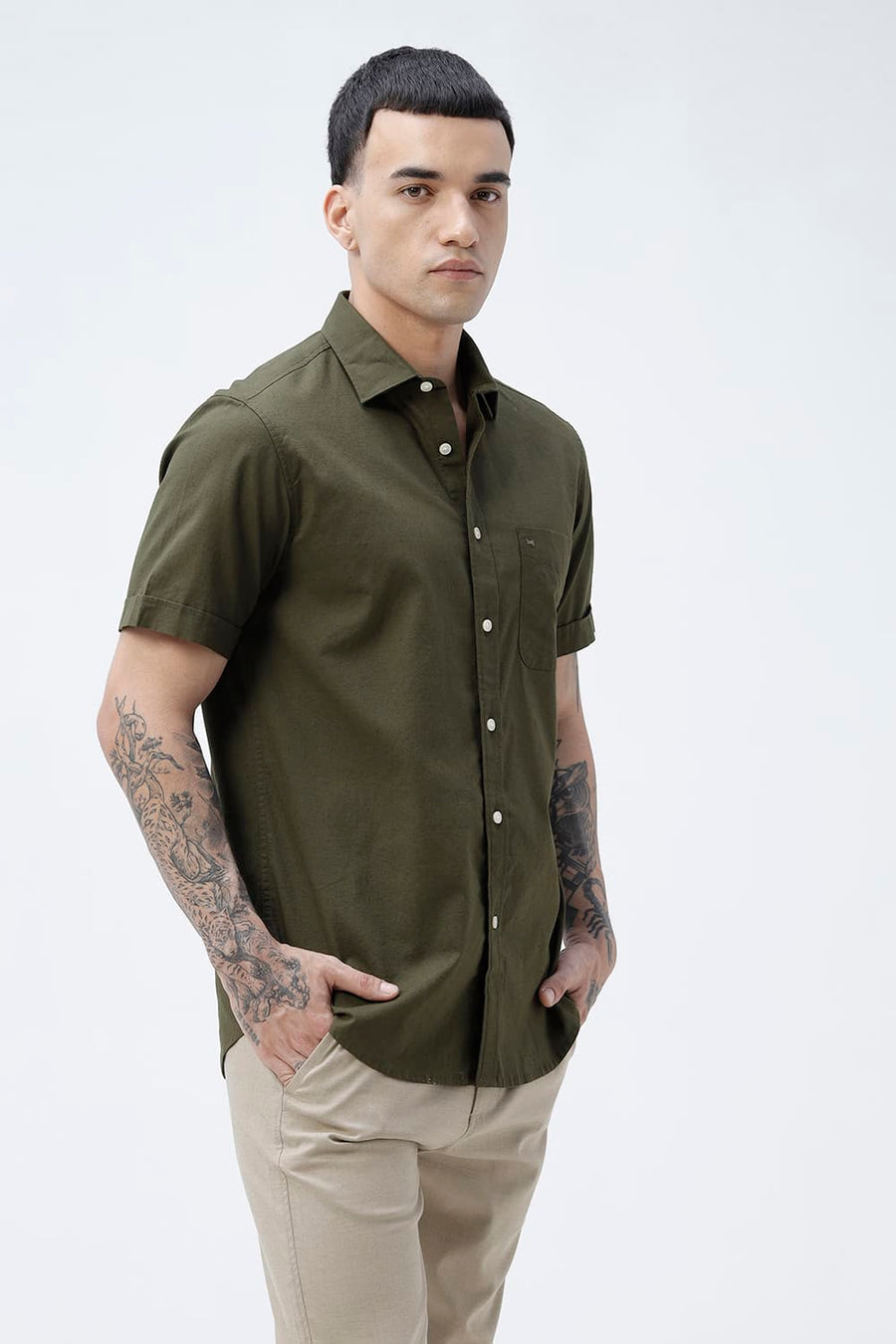 BASICS SLIM FIT BEIGE COTTON LINEN HALFSLEEVES SHIRT