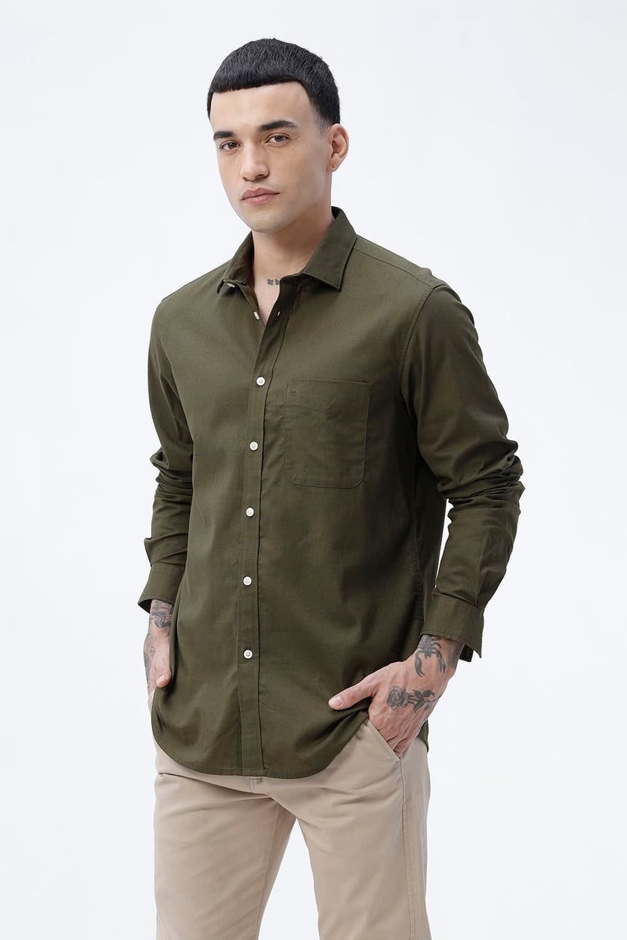 BASICS SLIM FIT BEIGE COTTON LINEN SHIRT