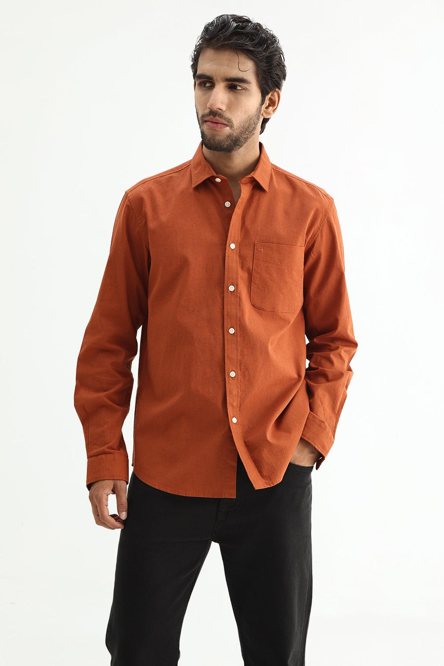 BASICS SLIM FIT WHITE COTTON LINEN SHIRT