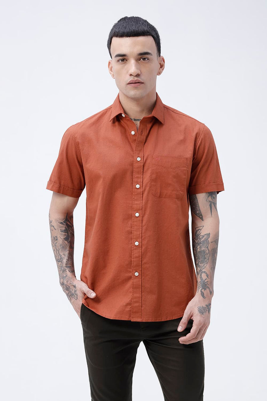 BASICS SLIM FIT WHITE COTTON LINEN HALFSLEEVES SHIRT