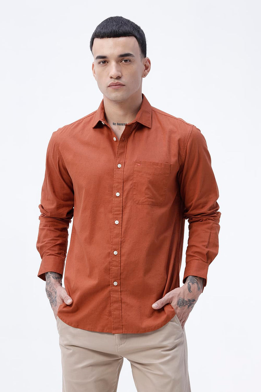 BASICS SLIM FIT WHITE COTTON LINEN SHIRT