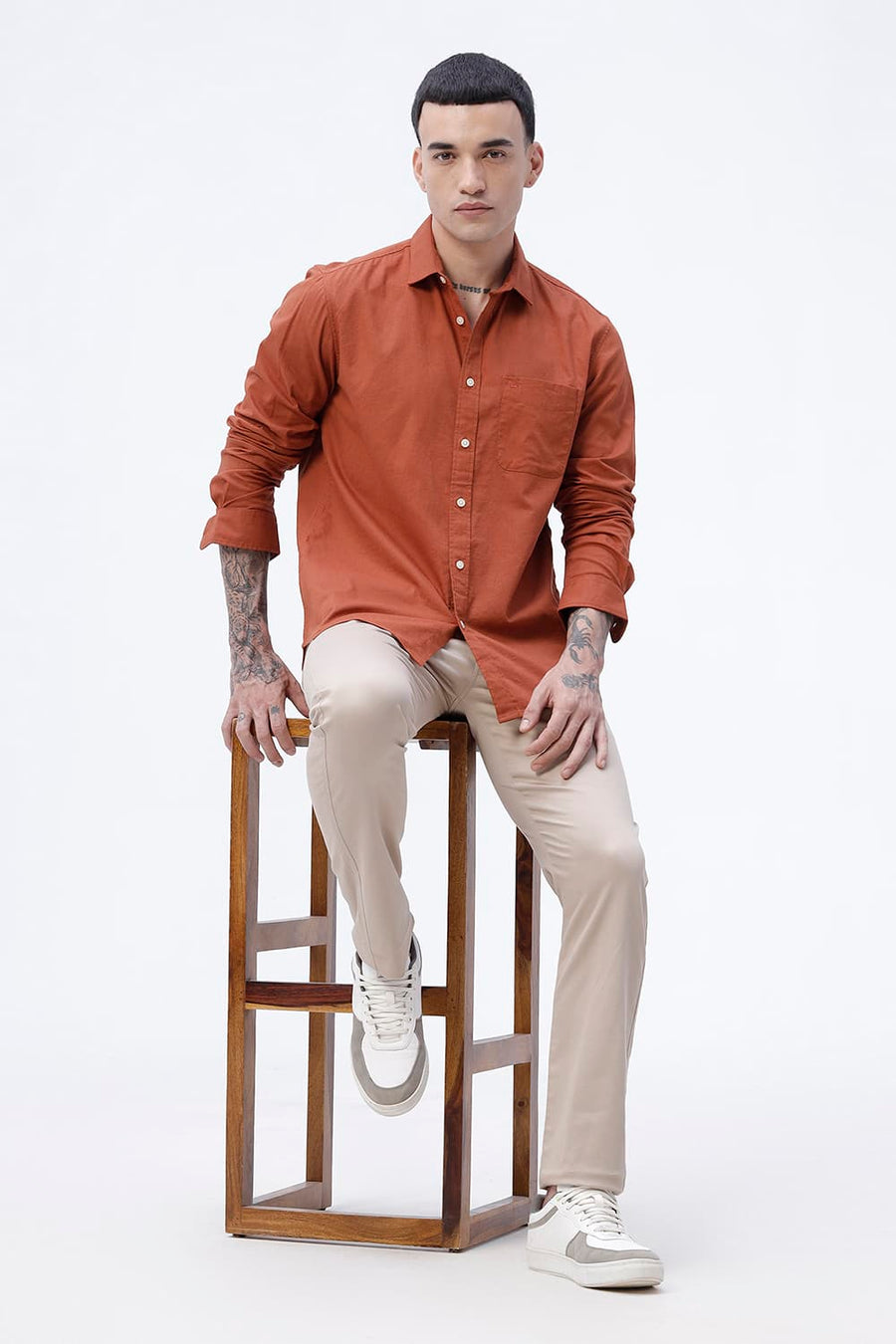 BASICS SLIM FIT WHITE COTTON LINEN SHIRT