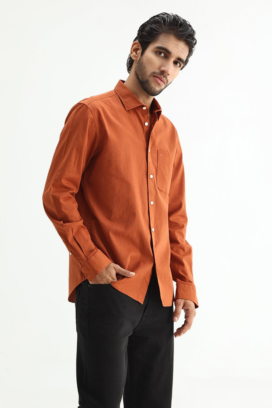 BASICS SLIM FIT WHITE COTTON LINEN SHIRT