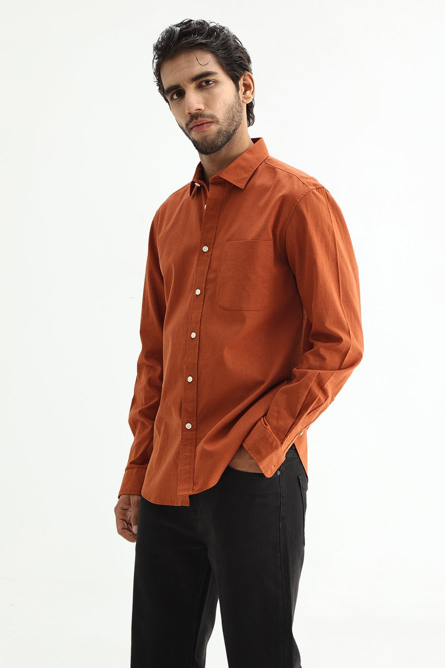 BASICS SLIM FIT WHITE COTTON LINEN SHIRT