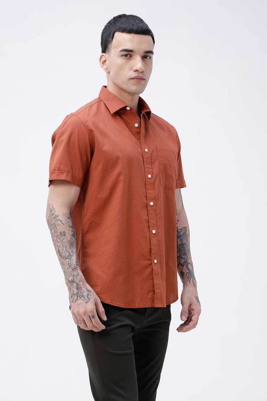 BASICS SLIM FIT WHITE COTTON LINEN HALFSLEEVES SHIRT