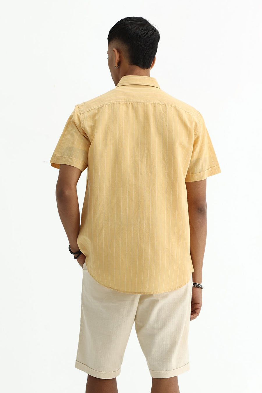 BASICS SLIM FIT GREEN COTTON LINEN STRIPE SHIRT