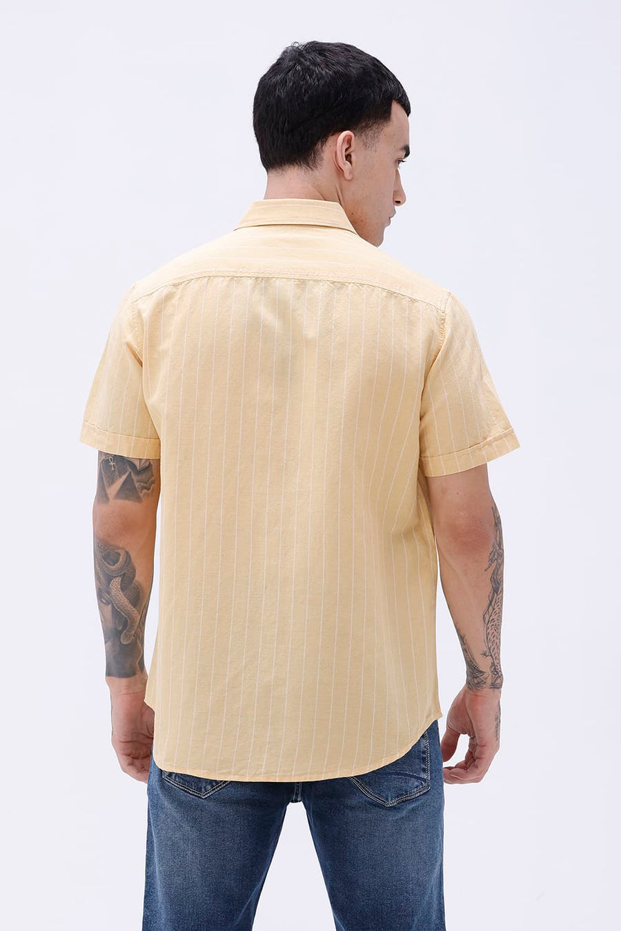 BASICS SLIM FIT GREEN COTTON LINEN STRIPE HALFSLEEVES SHIRT