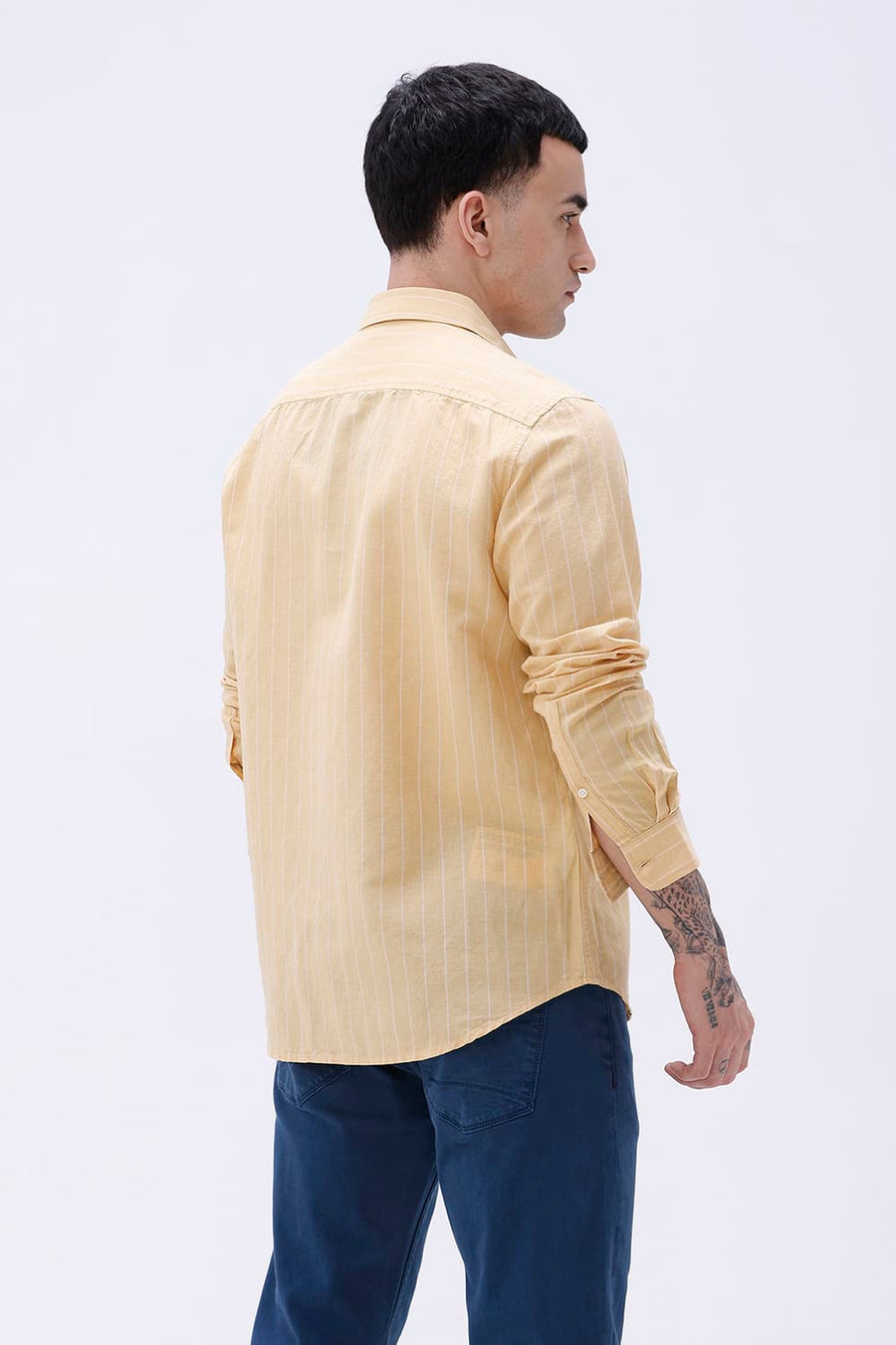 BASICS SLIM FIT GREEN COTTON LINEN STRIPE SHIRT