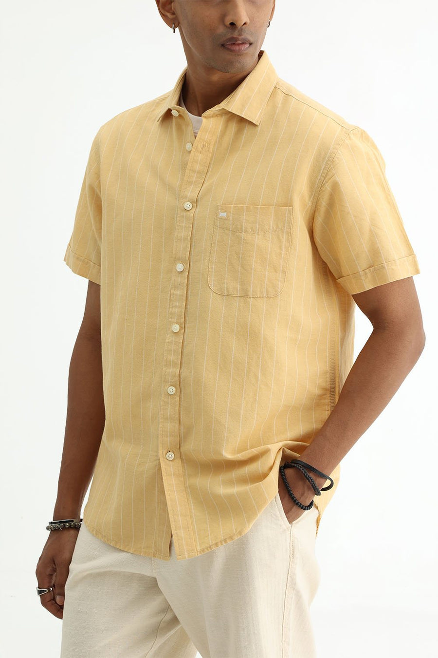 BASICS SLIM FIT GREEN COTTON LINEN STRIPE SHIRT