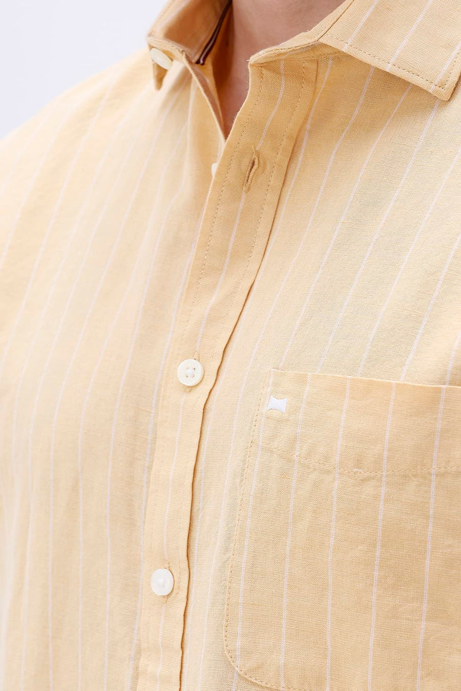 BASICS SLIM FIT GREEN COTTON LINEN STRIPE HALFSLEEVES SHIRT