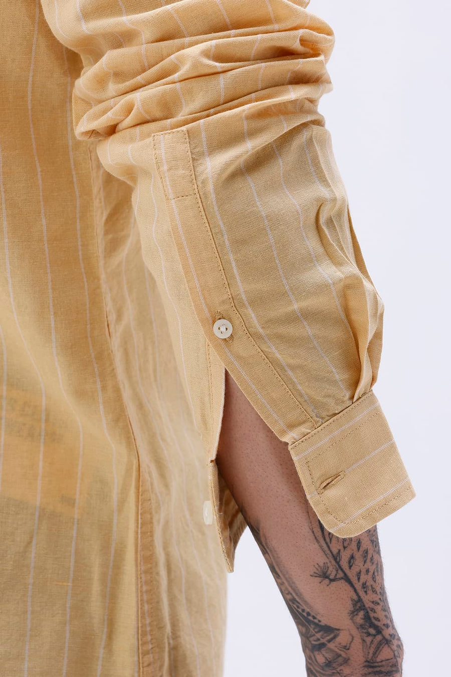 BASICS SLIM FIT GREEN COTTON LINEN STRIPE SHIRT