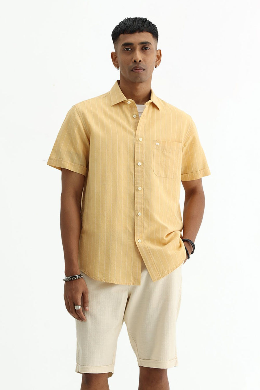 BASICS SLIM FIT GREEN COTTON LINEN STRIPE SHIRT