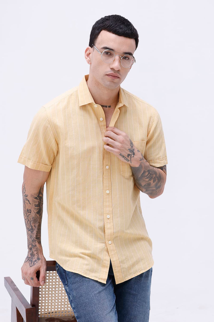 BASICS SLIM FIT GREEN COTTON LINEN STRIPE HALFSLEEVES SHIRT