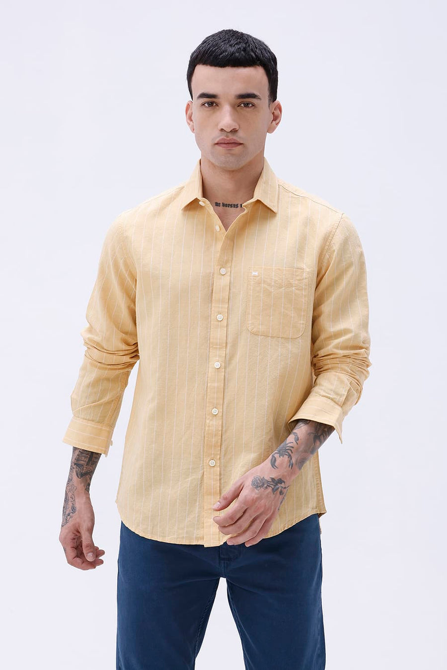 BASICS SLIM FIT GREEN COTTON LINEN STRIPE SHIRT