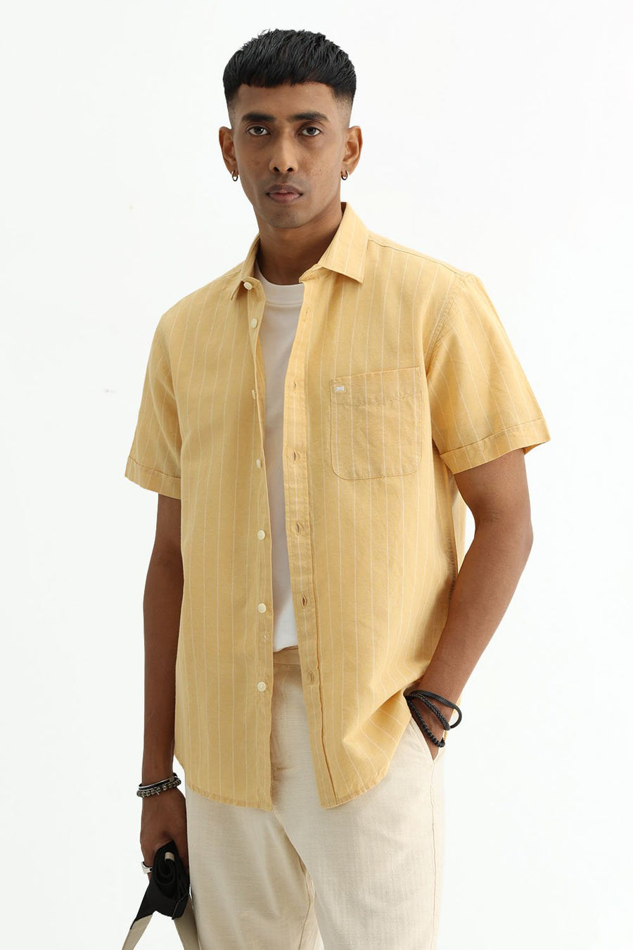 BASICS SLIM FIT GREEN COTTON LINEN STRIPE SHIRT