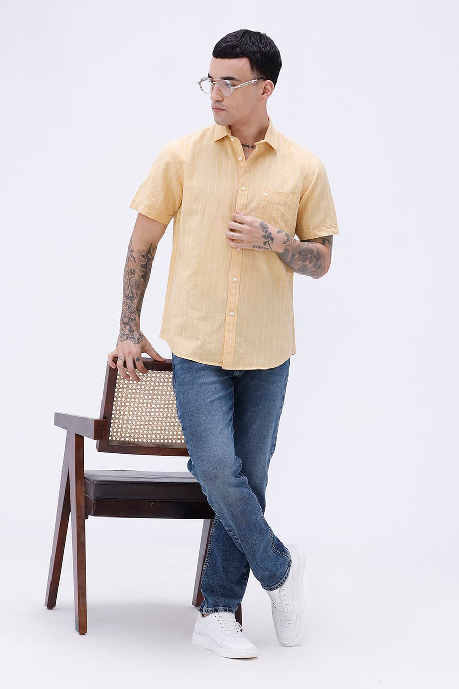 BASICS SLIM FIT GREEN COTTON LINEN STRIPE HALFSLEEVES SHIRT