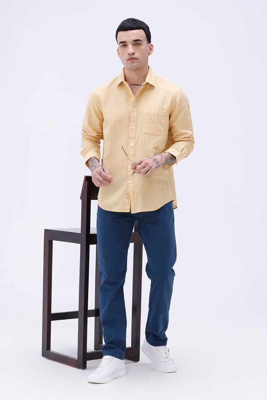 BASICS SLIM FIT GREEN COTTON LINEN STRIPE SHIRT