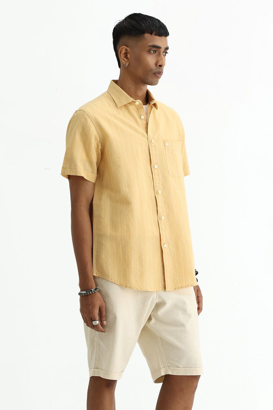 BASICS SLIM FIT GREEN COTTON LINEN STRIPE SHIRT