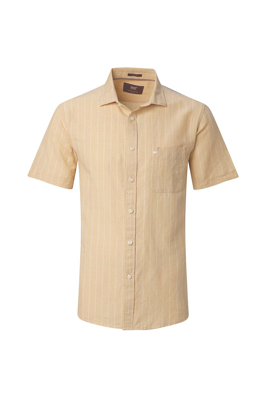 BASICS SLIM FIT GREEN COTTON LINEN STRIPE HALFSLEEVES SHIRT