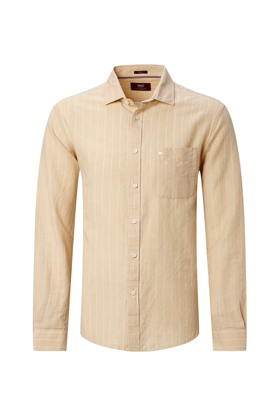 BASICS SLIM FIT GREEN COTTON LINEN STRIPE SHIRT