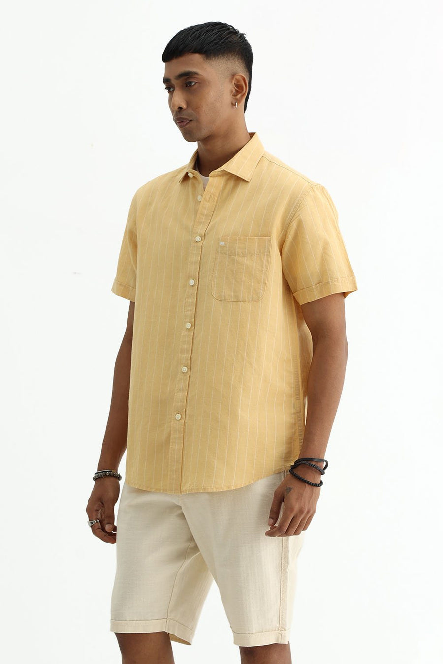 BASICS SLIM FIT GREEN COTTON LINEN STRIPE SHIRT
