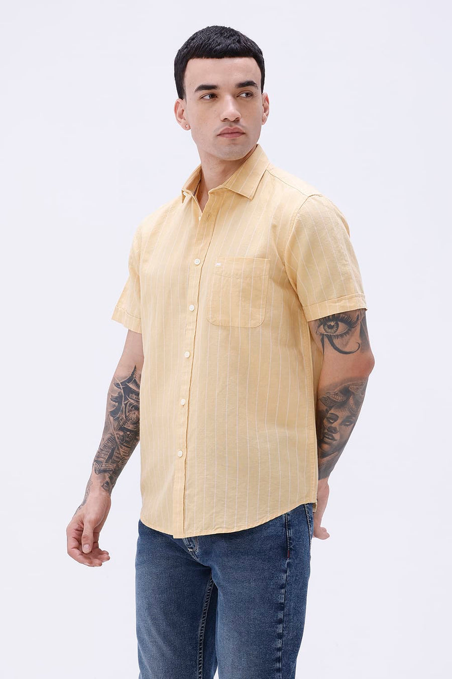 BASICS SLIM FIT GREEN COTTON LINEN STRIPE HALFSLEEVES SHIRT