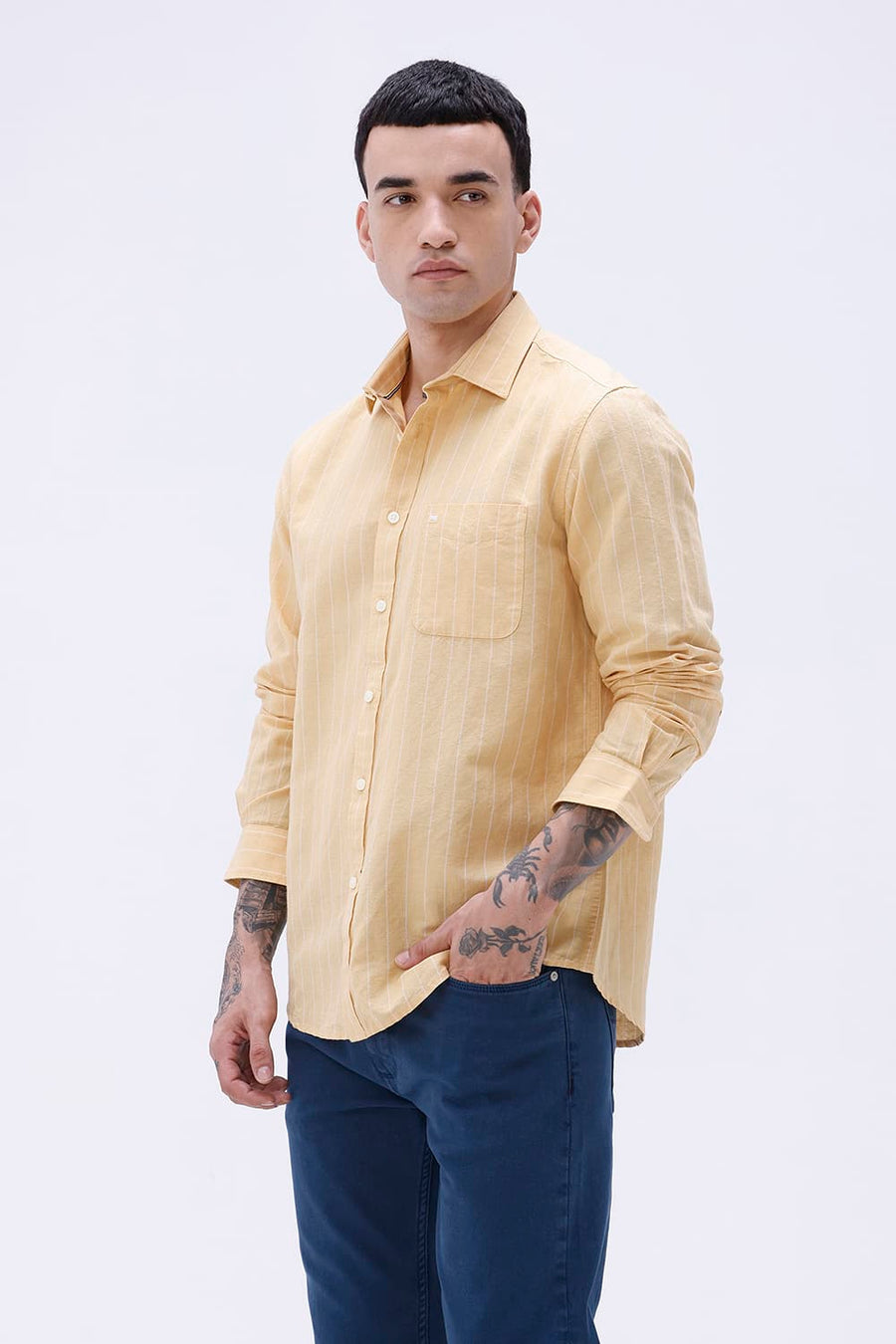 BASICS SLIM FIT GREEN COTTON LINEN STRIPE SHIRT