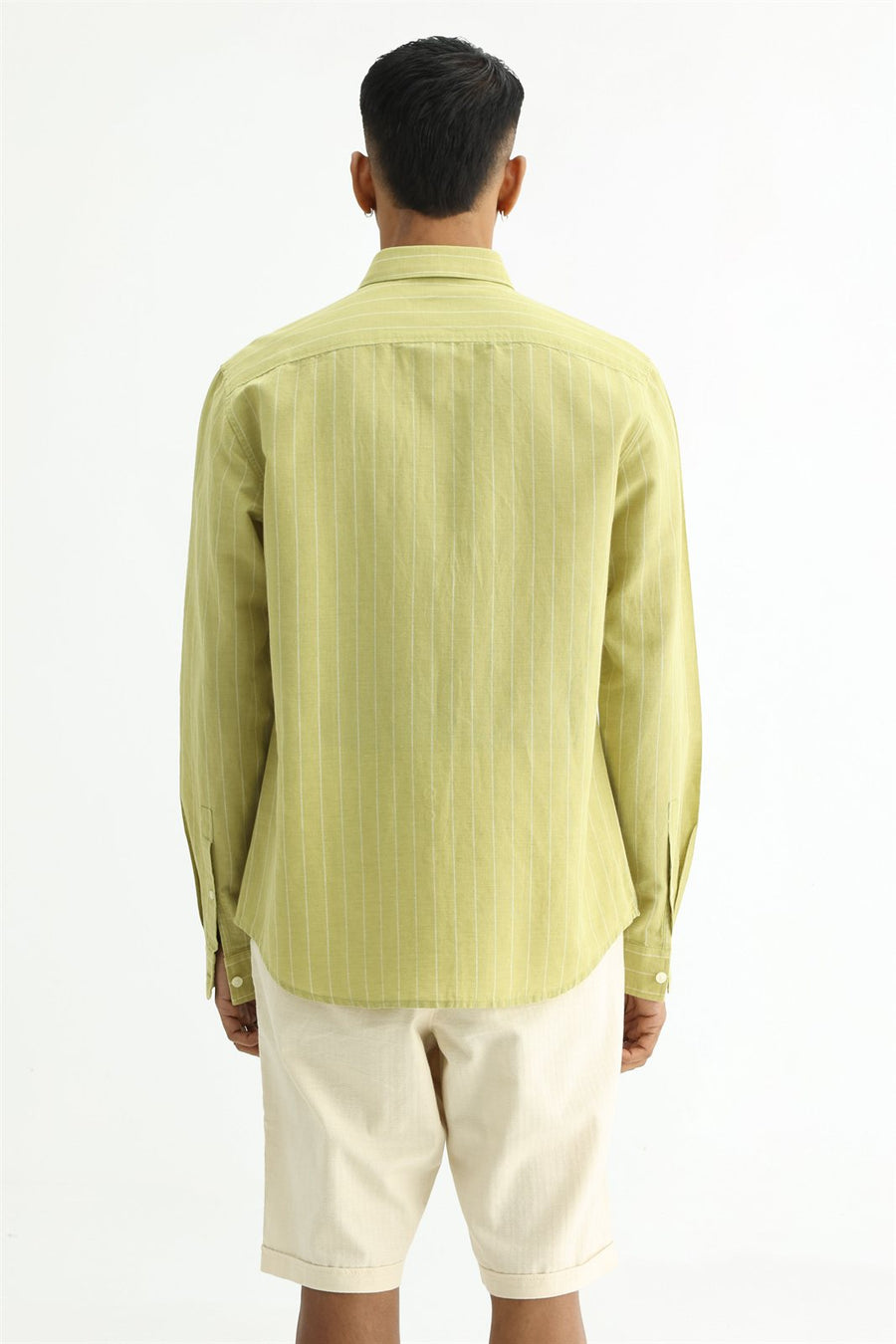 BASICS SLIM FIT YELLOW COTTON LINEN STRIPE SHIRT