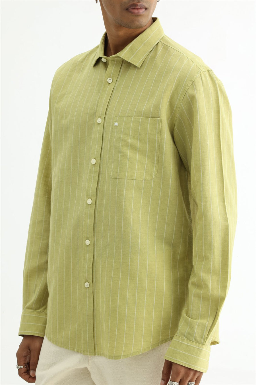 BASICS SLIM FIT YELLOW COTTON LINEN STRIPE SHIRT