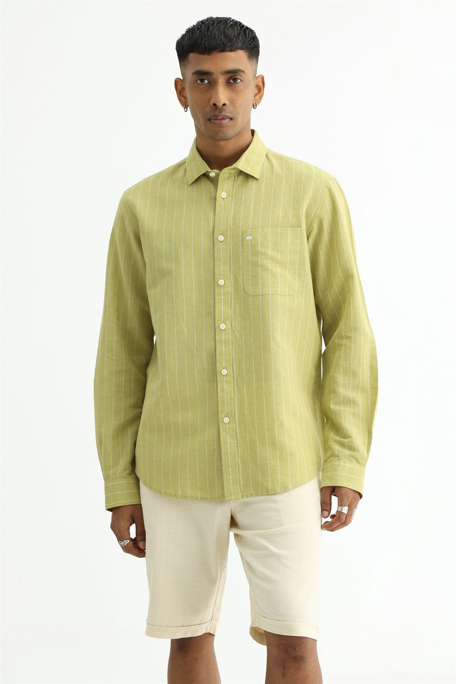 BASICS SLIM FIT YELLOW COTTON LINEN STRIPE SHIRT