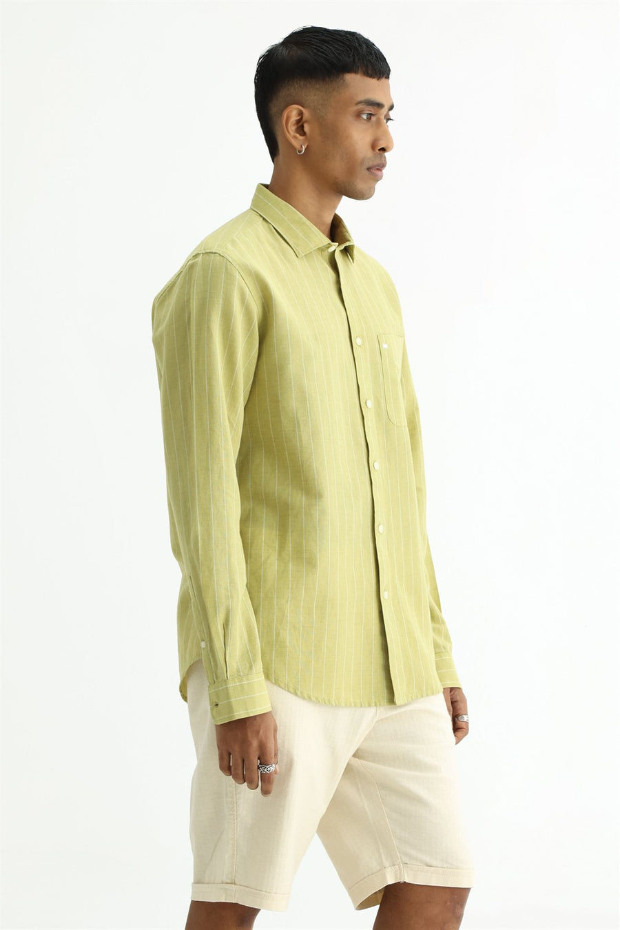 BASICS SLIM FIT YELLOW COTTON LINEN STRIPE SHIRT
